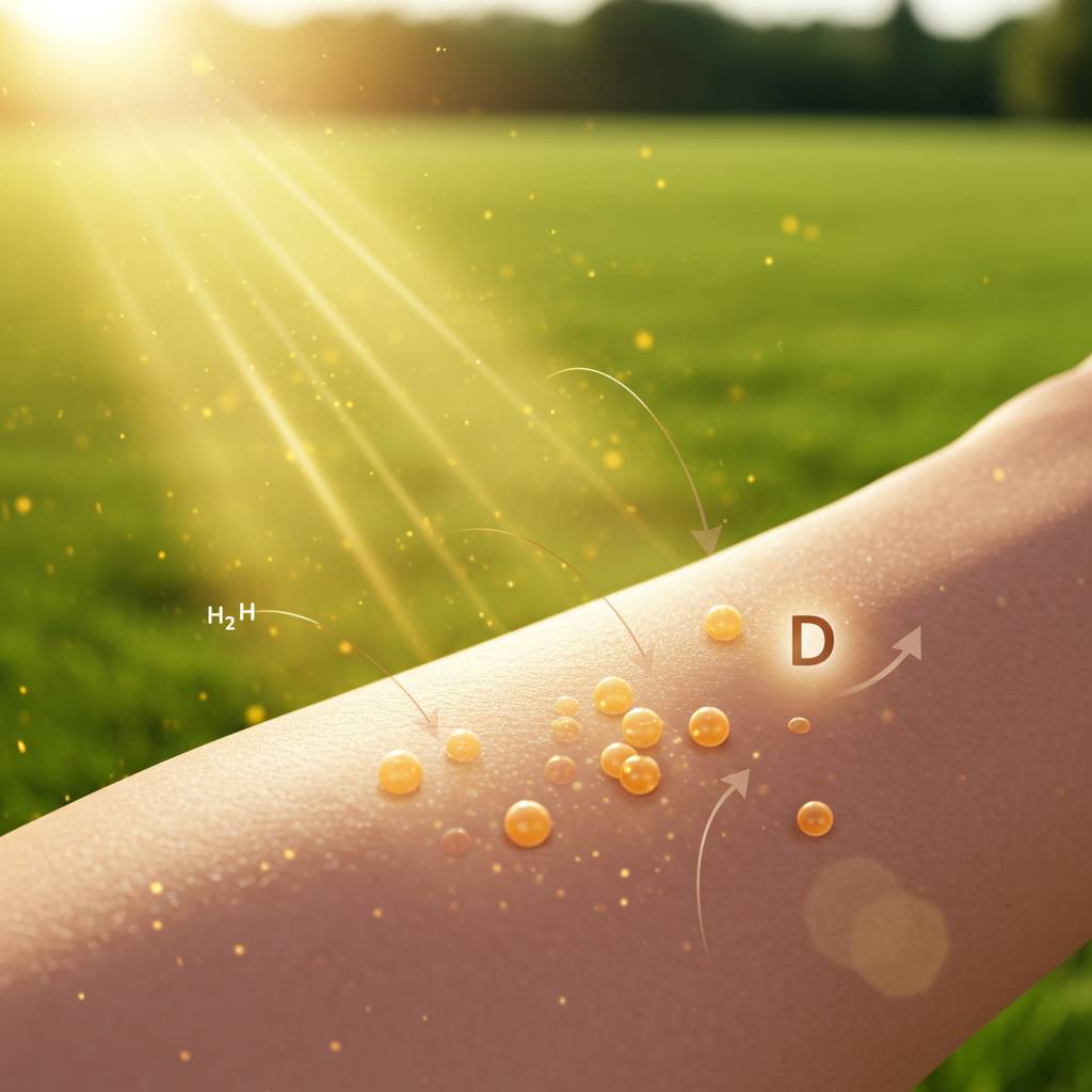 Which vitamin is produced when skin is exposed to sunlight?